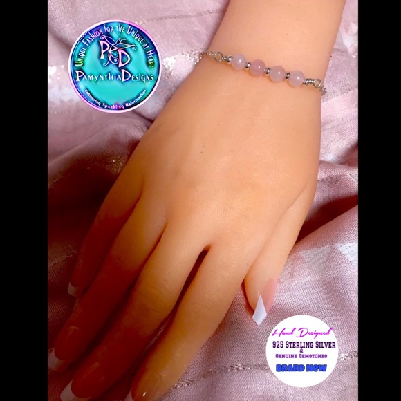 Rose Quartz Sterling Silver Bracelet- Beaded Bar Bracelet - Picture 1 of 7